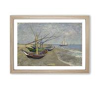 Big Box Art Fishing Boats On The Beach by Vincent Van Gogh Framed Wall Art Picture Print Ready to Hang, Oak A2 (62 x 45 cm)
