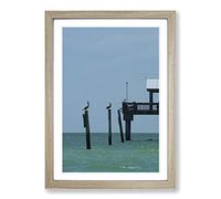 Big Box Art Fishing Pier with Pelicans Seascape Framed Wall Art Picture Print Ready to Hang, Oak A2 (62 x 45 cm)