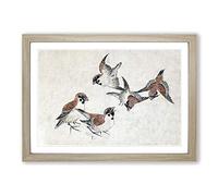 Big Box Art Five Birds by Katsushika Hokusai Framed Wall Art Picture Print Ready to Hang, Oak A2 (62 x 45 cm)