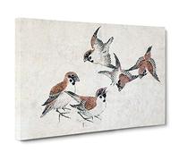 Big Box Art Five Birds by Katsushika Hokusai Painting Canvas Wall Art Framed Picture Print, 30 x 20 Inch (76 x 50 cm), White, Grey, Black, Brown