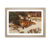 Big Box Art Fox in The Snow Vol.9 by Bruno Liljefors Framed Wall Art Picture Print Ready to Hang, Oak A2 (62 x 45 cm)