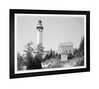 Big Box Art Framed Print of Architecture Lighthouse US Reservation, Michigan Design | Wall Art Picture| Home Decor for Kitchen, Living Room, Bedroom, Hallway, Black, A2 / 24.5x18 Inch / 62x45cm