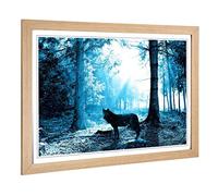 Big Box Art Framed Print of Black Wolf in Blue Forest Design | Wall Art Picture | Home Decor for Kitchen, Living, Dining Room, Bedroom, Hallway, Office, Oak, A2 / 24.5x18 Inch / 62x45cm