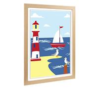 Big Box Art Framed Print of Childrens Lighthouse & Sailboat Design | Wall Art Picture | Home Decor for Kitchen, Living Room, Bedroom, Hallway, Oak, A2 / 24.5x18 Inch / 62x45cm