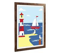 Big Box Art Framed Print of Childrens Lighthouse & Sailboat Design | Wall Art Picture | Home Decor for Kitchen, Living Room, Bedroom, Hallway, Walnut, A2 / 24.5x18 Inch / 62x45cm