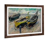 Big Box Art Framed Print of Claude Monet Three Fishing Boats Design | Wall Art Picture | Home Decor for Kitchen, Living Room, Bedroom, Hallway, Walnut, A2 / 24.5x18 Inch / 62x45cm