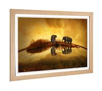 Big Box Art Framed Print of Elephants Sunset Design | Wall Art Picture | Home Decor for Kitchen, Living, Dining Room, Lounge, Bedroom, Hallway, Office, Oak, A2 / 24.5x18 Inch / 62x45cm
