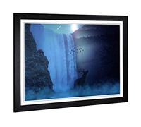 Big Box Art Framed Print of Hirsch Waterfall with Stag Landscape Design | Wall Art Picture | Home Decor for Kitchen, Living Room, Bedroom, Hallway, Black, A2 / 24.5x18 Inch / 62x45cm