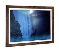 Big Box Art Framed Print of Hirsch Waterfall with Stag Landscape Design | Wall Art Picture | Home Decor for Kitchen, Living Room, Bedroom, Hallway, Walnut, A2 / 24.5x18 Inch / 62x45cm