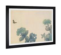 Big Box Art Framed Print of Hishida Shunso Hydrangeas Butterfly Oriental Design | Wall Art Picture | Home Decor for Kitchen, Living Room, Bedroom, Hallway, Black, A2 / 24.5x18 Inch / 62x45cm