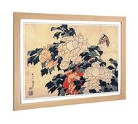 Big Box Art Framed Print of Hokusai Peonies and Butterfly Japanese Oriental Design | Wall Art Picture| Home Decor for Kitchen, Living Room, Bedroom, Office, Oak, A2 / 24.5x18 Inch / 62x45cm