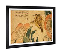 Big Box Art Framed Print of Hokusai Peony and Canary Japanese Oriental Design | Wall Art Picture| Home Decor for Kitchen, Living Room, Bedroom, Hallway, Black, A2 / 24.5x18 Inch / 62x45cm