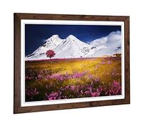 Big Box Art Framed Print of Landscape Lone Tree, Flowers & Montains Design | Wall Art Picture | Home Decor for Kitchen, Living Room, Bedroom, Hallway, Walnut, A2 / 24.5x18 Inch / 62x45cm