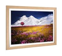 Big Box Art Framed Print of Landscape Lone Tree, Flowers & Montains Design | Wall Art Picture | Home Decor for Kitchen, Living Room, Bedroom, Hallway, Oak, A2 / 24.5x18 Inch / 62x45cm