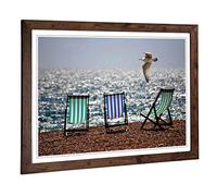 Big Box Art Framed Print of Seascape Seagull Brighton Beach Deckchairs Design | Wall Art Picture | Home Decor for Kitchen, Living Room, Bedroom, Hallway, Walnut, A2 / 24.5x18 Inch / 62x45cm