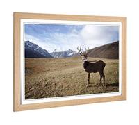 Big Box Art Framed Print of Stag Deer Mountain Landscape Design | Wall Art Picture | Home Decor for Kitchen, Living, Dining Room, Bedroom, Hallway, Office, Oak, A2 / 24.5x18 Inch / 62x45cm