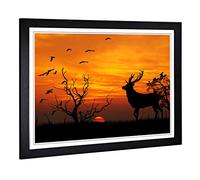 Big Box Art Framed Print of Sunset Stag and Birds Landscape Design | Wall Art Picture | Home Decor for Kitchen, Living Room, Bedroom, Hallway, Black, A2 / 24.5x18 Inch / 62x45cm