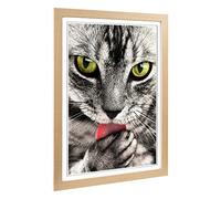 Big Box Art Framed Print of Tabby Cat Licking Paw Design | Wall Art Picture | Home Decor for Kitchen, Living, Dining Room, Lounge, Bedroom, Hallway, Office, Oak, A2 / 24.5x18 Inch / 62x45cm
