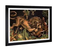 Big Box Art Framed Print of Vintage 1880 Lion & Prey Design | Wall Art Picture | Home Decor for Kitchen, Living Room, Bedroom, Hallway, Black, A2 / 24.5x18 Inch / 62x45cm