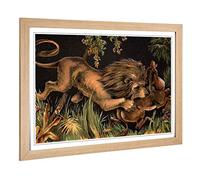 Big Box Art Framed Print of Vintage 1880 Lion & Prey Design | Wall Art Picture | Home Decor for Kitchen, Living Room, Bedroom, Hallway, Oak, A2 / 24.5x18 Inch / 62x45cm