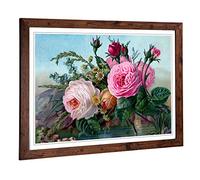 Big Box Art Framed Print of Vintage Floral Flowers Pink Roses Design | Wall Art Picture | Home Decor for Kitchen, Living Room, Bedroom, Hallway, Walnut, A2 / 24.5x18 Inch / 62x45cm
