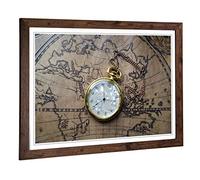 Big Box Art Framed Print of Vintage Pocket Watch and World Map (1) Design | Wall Art Picture | Home Decor for Kitchen, Living Room, Bedroom, Hallway, Walnut, A2 / 24.5x18 Inch / 62x45cm
