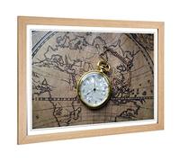 Big Box Art Framed Print of Vintage Pocket Watch and World Map (1) Design | Wall Art Picture | Home Decor for Kitchen, Living Room, Bedroom, Hallway, Oak, A2 / 24.5x18 Inch / 62x45cm