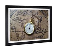 Big Box Art Framed Print of Vintage Pocket Watch and World Map (1) Design | Wall Art Picture | Home Decor for Kitchen, Living Room, Bedroom, Hallway, Black, A2 / 24.5x18 Inch / 62x45cm