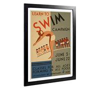 Big Box Art Framed Print of Vintage WPA Poster Learn to Swim Design | Wall Art Picture | Home Decor for Kitchen, Living Room, Bedroom, Hallway, Black, A2 / 24.5x18 Inch / 62x45cm