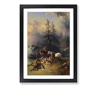 Big Box Art Friedrich Gauermann at The End of The Hunt Framed Wall Art Picture Print Ready to Hang, Oak A2 (62 x 45 cm)