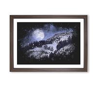 Big Box Art Full Moon Over The Mountains Paint Splash Framed Wall Art Picture Print Ready to Hang, Walnut A2 (62 x 45 cm)