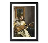 Big Box Art Girl Playing Instrument by Johannes Vermeer Framed Wall Art Picture Print Ready to Hang, Black A2 (62 x 45 cm)