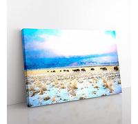 Big Box Art Grazing Bison in Utah Painting Canvas Wall Art Print Ready to Hang Picture, 76 x 50 cm (30 x 20 Inch), White, Beige, Blue, Turquoise, Olive, Green