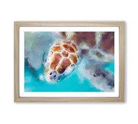 Big Box Art Green Sea Turtle in Abstract Framed Wall Art Picture Print Ready to Hang, Oak A2 (62 x 45 cm)