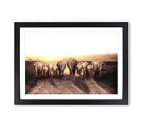 Big Box Art Herd of Elephants on a Dusty Road in Abstract Framed Wall Art Picture Print Ready to Hang, Black A2 (62 x 45 cm)
