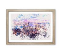 Big Box Art Hong Kong Skyline at Sunset Watercolour Framed Wall Art Picture Print Ready to Hang, Oak A2 (62 x 45 cm)