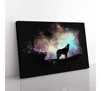 Big Box Art Howling Wolf with a Galaxy Forest Paint Splash Canvas Wall Art Print Ready to Hang Picture, 76 x 50 cm (30 x 20 Inch), Black, Lavender, Greige, Violet, Brown