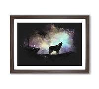 Big Box Art Howling Wolf with a Galaxy Forest Paint Splash Framed Wall Art Picture Print Ready to Hang, Walnut A2 (62 x 45 cm)