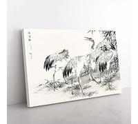 Big Box Art Japanese Cranes by The Bamboo by Numata Kashu Painting Canvas Wall Art Print Ready to Hang Picture, 76 x 50 cm (30 x 20 Inch), White, Grey, Black