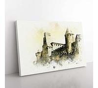 Big Box Art La Cite Citadel in Carcassonne France in Abstract Canvas Wall Art Print Ready to Hang Picture, 76 x 50 cm (30 x 20 Inch), White, Gold, Olive, Green, Olive, Green, Blue