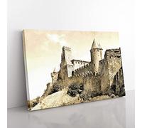 Big Box Art La Cite Citadel in Carcassonne France Painting Canvas Wall Art Print Ready to Hang Picture, 76 x 50 cm (30 x 20 Inch), White, Gold, Olive, Green, Olive, Green, Blue