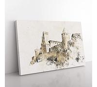 Big Box Art La Cite Citadel in Carcassonne France Watercolour Canvas Wall Art Print Ready to Hang Picture, 76 x 50 cm (30 x 20 Inch), White, Gold, Olive, Green, Olive, Green, Blue