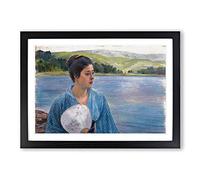 Big Box Art Lady with a Fan by Kuroda Seiki Framed Wall Art Picture Print Ready to Hang, Black A2 (62 x 45 cm)