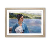 Big Box Art Lady with a Fan by Kuroda Seiki Framed Wall Art Picture Print Ready to Hang, Oak A2 (62 x 45 cm)