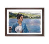 Big Box Art Lady with a Fan by Kuroda Seiki Framed Wall Art Picture Print Ready to Hang, Walnut A2 (62 x 45 cm)
