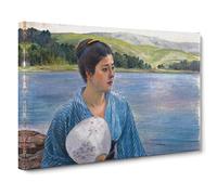 Big Box Art Lady with a Fan by Kuroda Seiki Painting Canvas Wall Art Framed Picture Print, 30 x 20 Inch (76 x 50 cm), Blue, Black, Green, White
