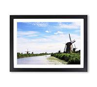 Big Box Art Landscape Windmills at Kinderdijk Holland Framed Wall Art Picture Print Ready to Hang, Black A2 (62 x 45 cm)