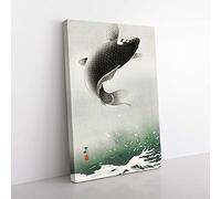 Big Box Art Leaping Carp Fish by Ohara Koson Painting Canvas Wall Art Print Ready to Hang Picture, 76 x 50 cm (30 x 20 Inch), White, Beige, Green, Black, Green