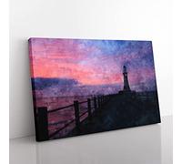 Big Box Art Lighthouse at Sunset Painting Canvas Wall Art Print Ready to Hang Picture, 76 x 50 cm (30 x 20 Inch), Blue, Purple, Purple