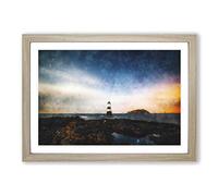 Big Box Art Lighthouse & Seascape at Dusk Painting Framed Wall Art Picture Print Ready to Hang, Oak A2 (62 x 45 cm)